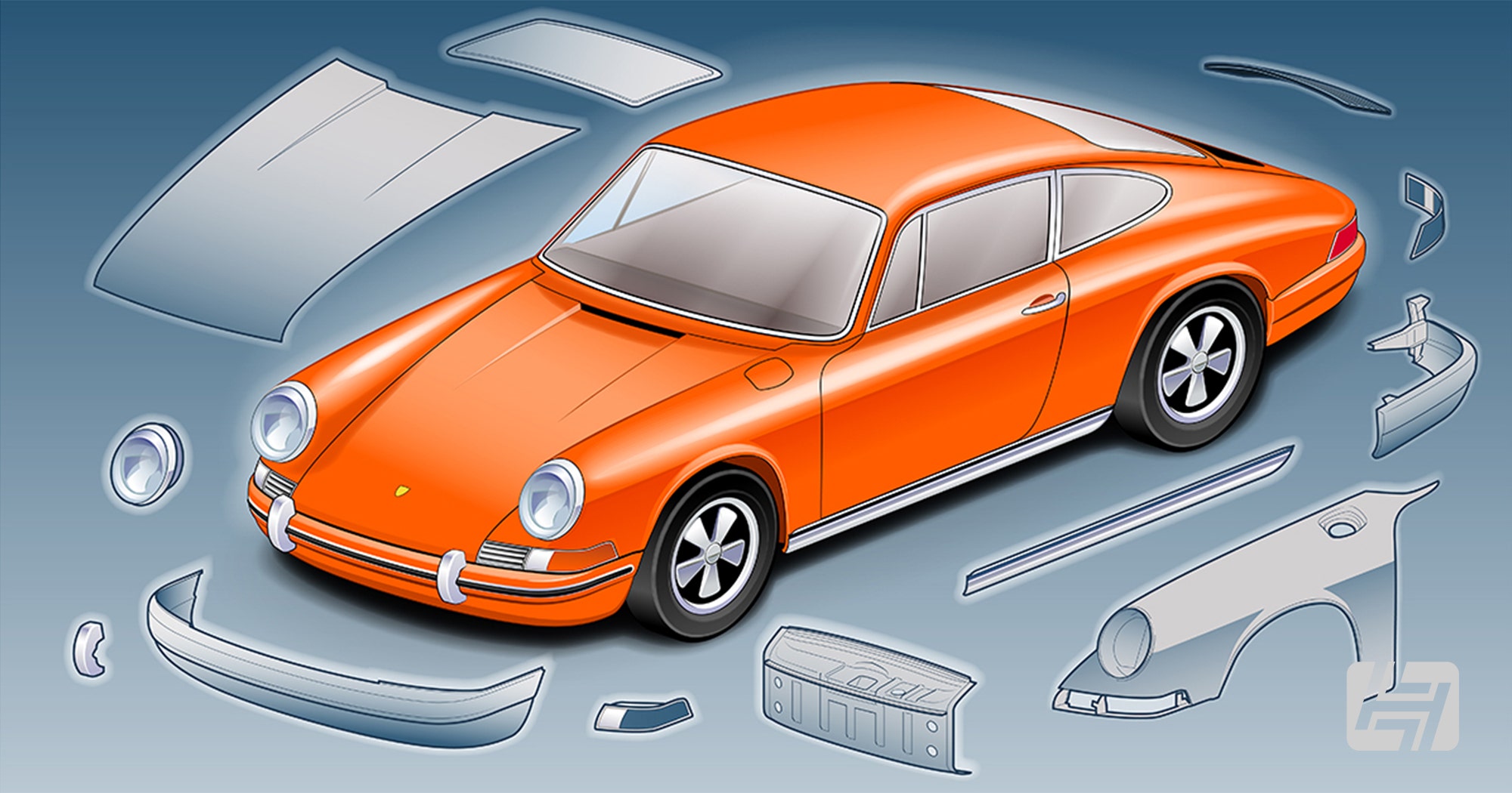 Illustration of Porsche 911 showing all the early body panels required to complete a backdate conversion